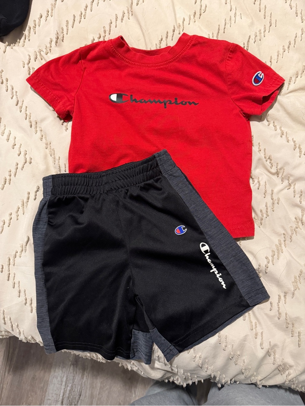 Champion Red Tee with Black Athletic Shorts Set
